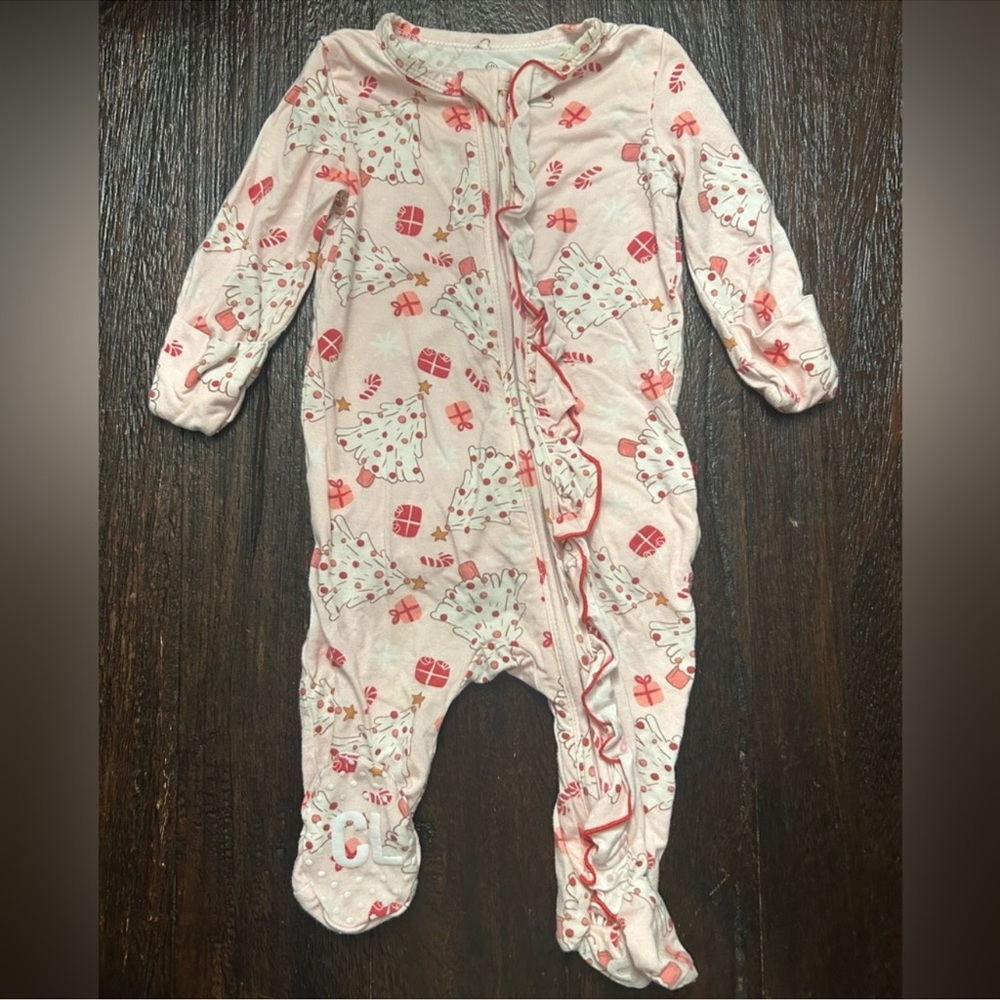 Caden Lane Pink Christmas Bamboo Zip Romper with Ruffles